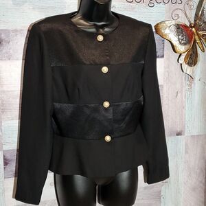 Debra Michaels Sz 10 Vintage Black Satin Trim Button Formal Suit Blouse Y2K. 623